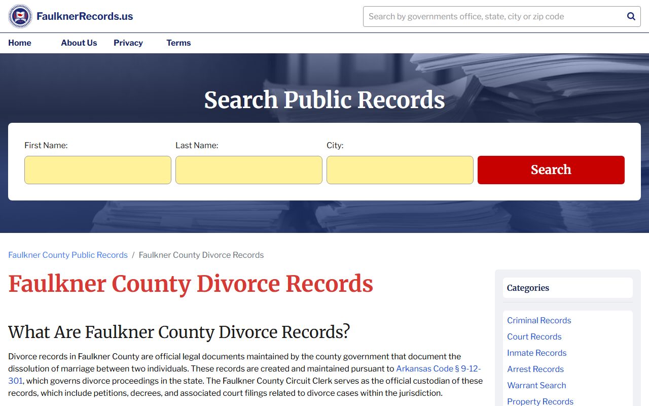 Faulkner County Circuit Clerk divorce records guide screenshot