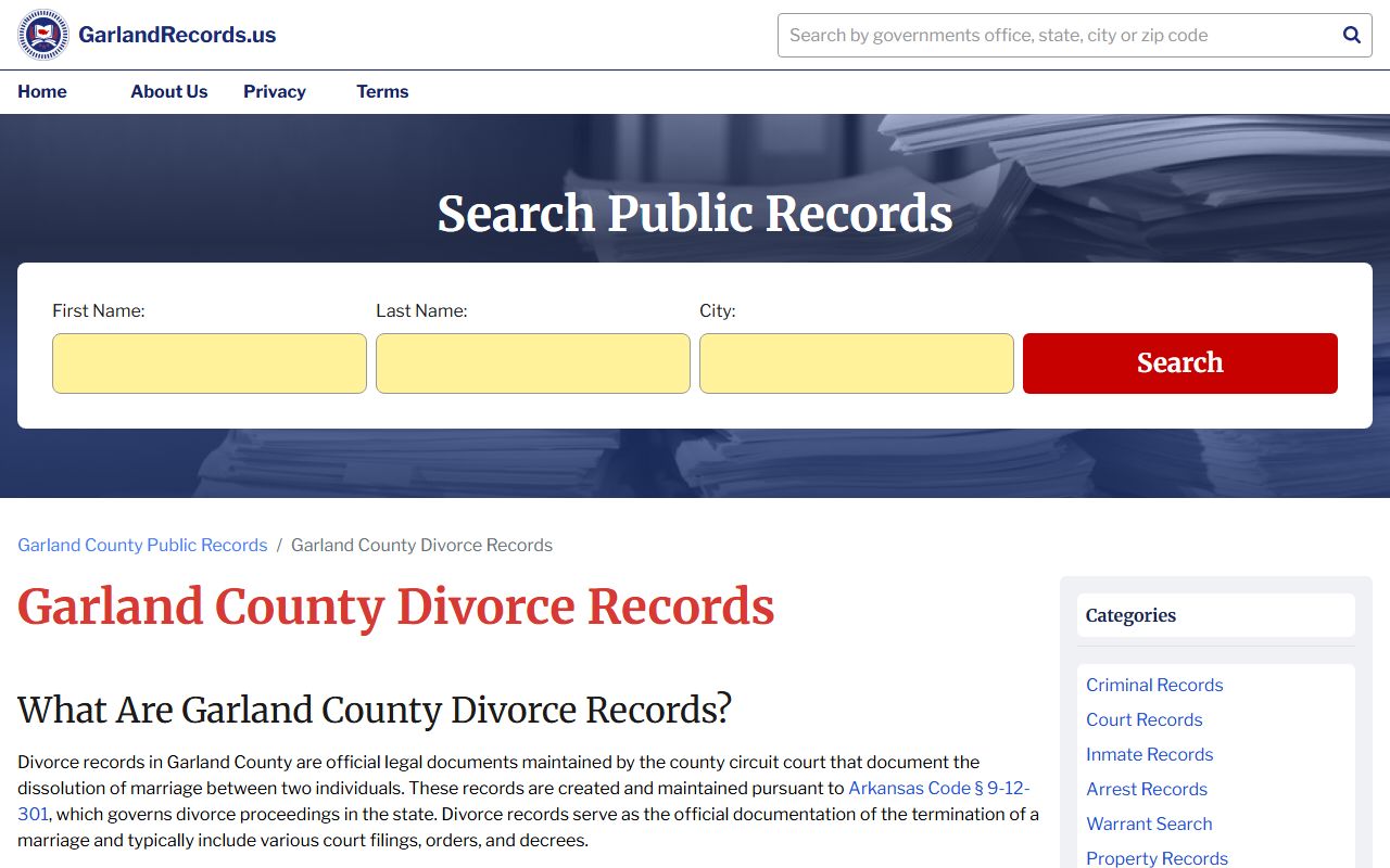 Garland County divorce records resource page