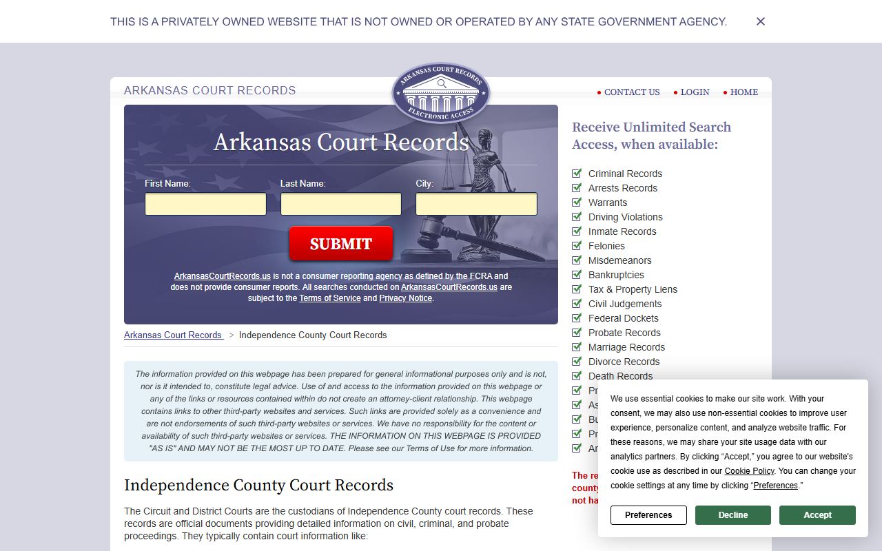 Independence County court records overview page Batesville AR