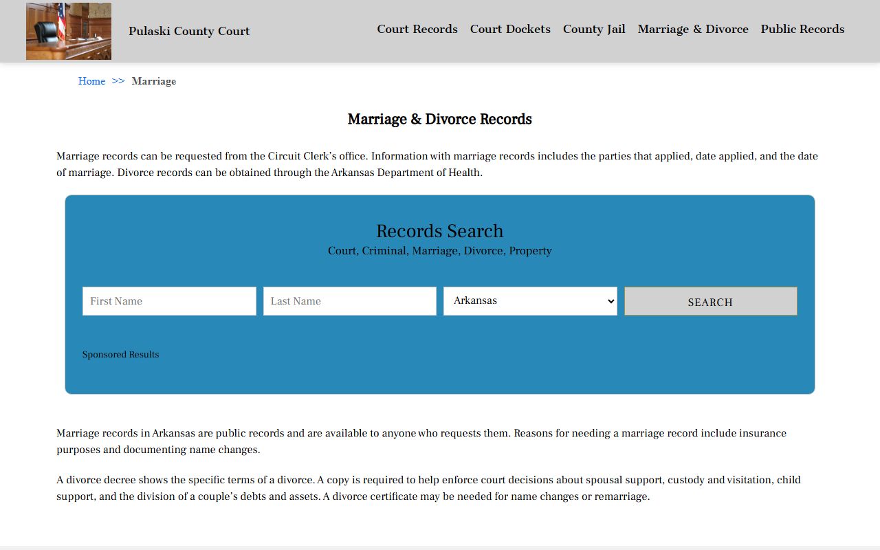 Pulaski County marriage and divorce records page