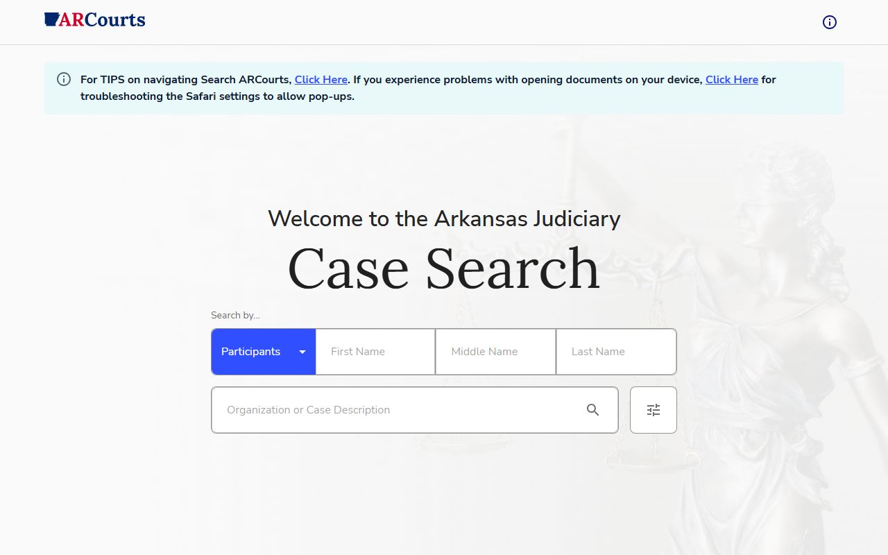 Arkansas Judiciary CourtConnect public portal for searching divorce records