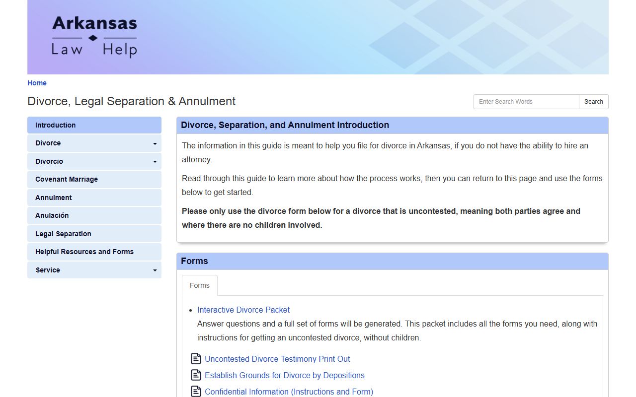 Arkansas Legal Services Partnership divorce resources and self-help forms
